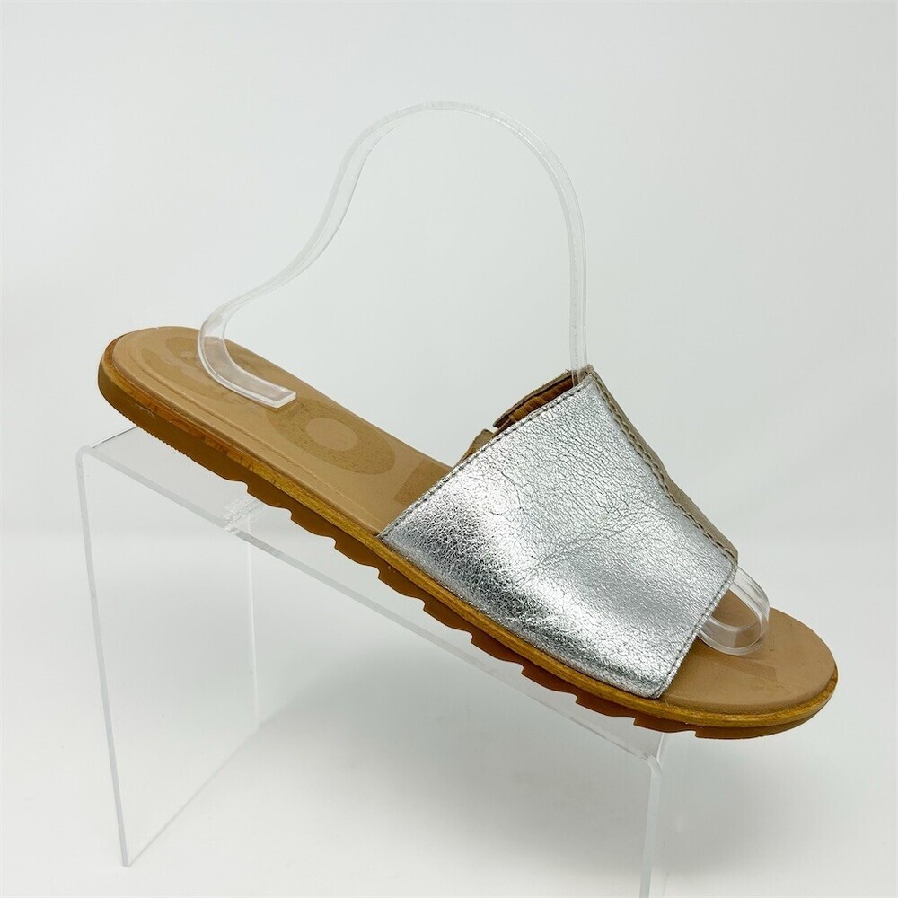 Sorel Ella II Metallic Colorblock Slide Sandals Silver Gold Leather Flat Size 11